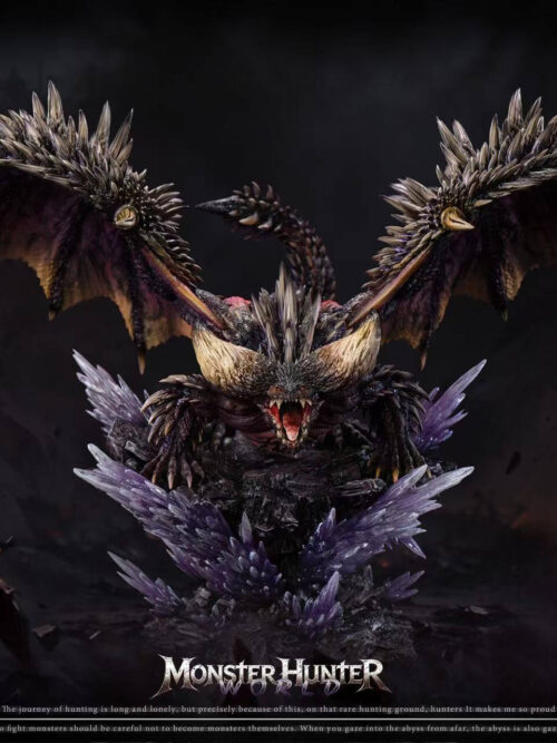 Full front view of Nergigante crouching with wings spread, jaws open and tail raised above a purple crystal-covered rocky base.
