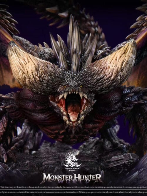 Close-up of Nergigante's curved horns, yellow eyes, open jaws and foreclaws among purple crystals.