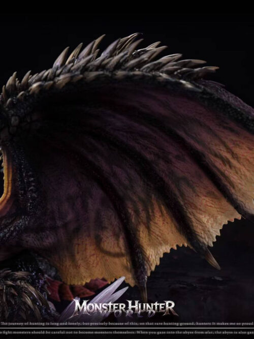 Nergigante wing detail showing a purple-brown membrane, ochre edges, dark ribs and rows of pale-tipped spikes.