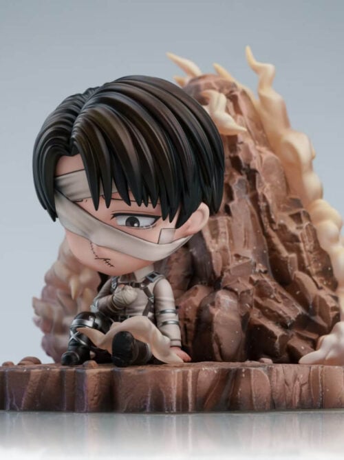 Three-quarter view of chibi Levi Ackerman seated with a bandaged fist against his chest beside a tall, smoke-framed rock backdrop.