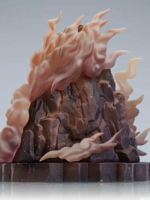 Rear view of the Levi Ackerman Chibi Farewell display, showing textured rocks and pale curling smoke above the rocky base.