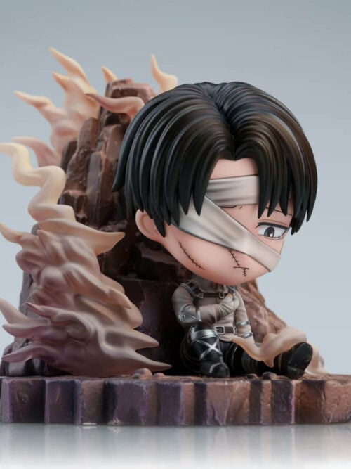 Three-quarter view of seated chibi Levi Ackerman with facial bandages, stitched wounds and broad smoke effects curling beside the rocks.