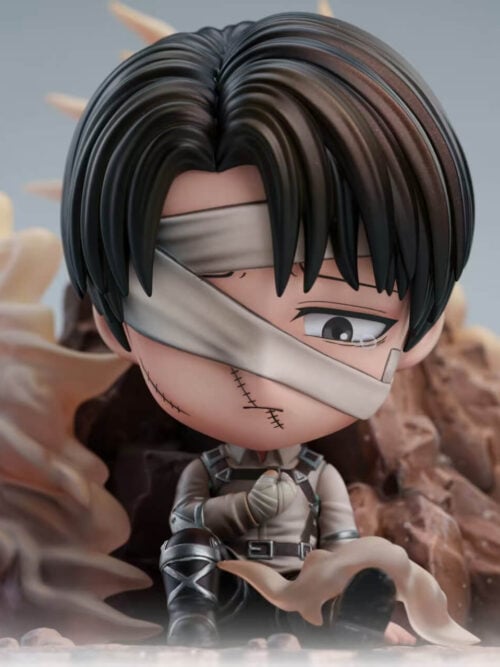 Closer front view of chibi Levi Ackerman showing black hair, facial bandages, a tear, a wrapped fist and smoke crossing his extended leg.