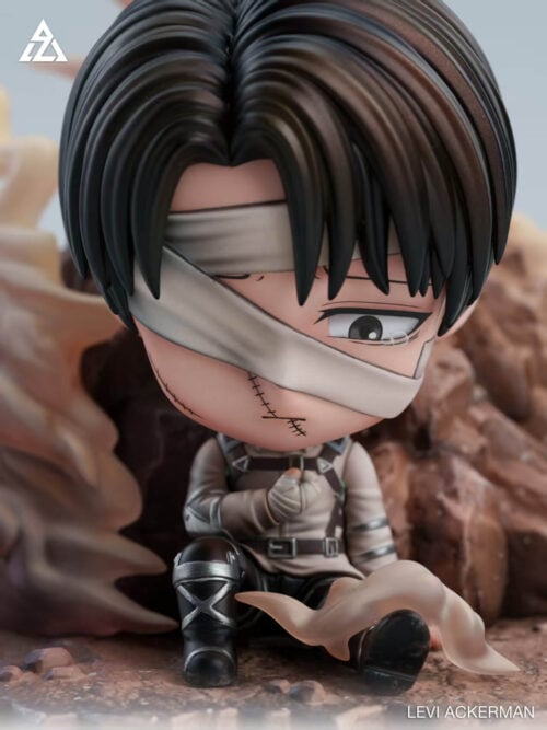Front portrait detail of chibi Levi Ackerman showing facial bandages, stitched wounds, a tear and silver-colored straps over black boots.