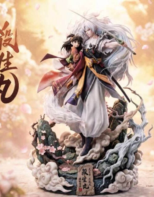 Sesshomaru holding Rin with a drawn sword above a cloud-and-rock base, framed by blossoms and Chinese promotional text.