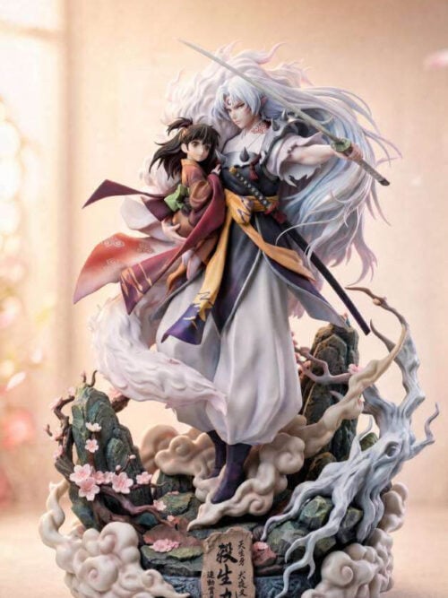 Full front view of Sesshomaru holding Rin, with flowing silver hair, a drawn sword and a rocky base with clouds and blossoms.