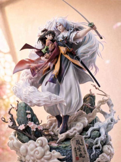 Low-angle view of Sesshomaru carrying Rin with his sword extended above them, over curling clouds, flowering branches and a pale tree.