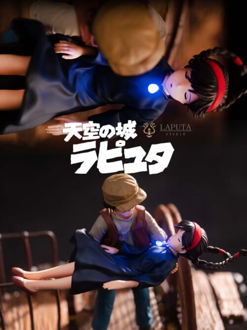 Two overhead close-ups of Pazu carrying Sheeta, showing her closed eyes, red headband, braided hair and illuminated pendant.