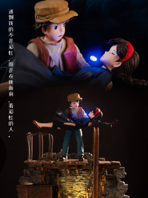 Collage of Pazu holding Sheeta, with a portrait close-up above a front view of the mine cart, stone wall and glowing lantern.