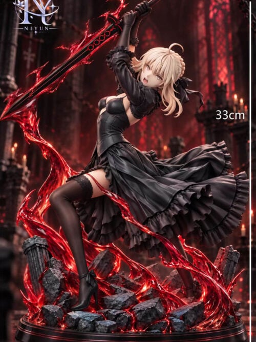 Saber Alter black dress statue with raised sword, red energy effects and a rubble base, shown beside a 33 cm height marker.