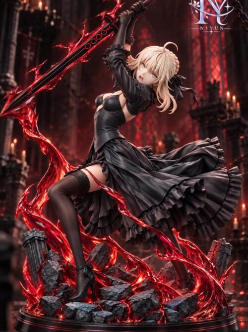 Saber Alter in a sweeping black dress, holding a sword overhead amid red energy effects and broken columns on a rubble base.