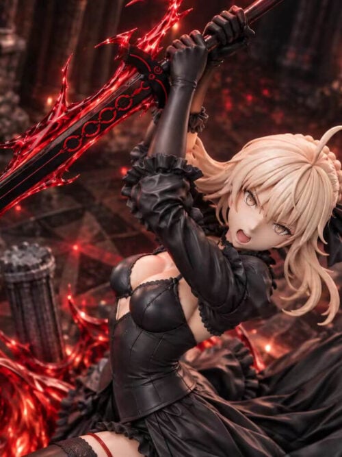 High-angle view of Saber Alter gripping her sword with both hands above her head, with red blade effects and a flared black skirt.