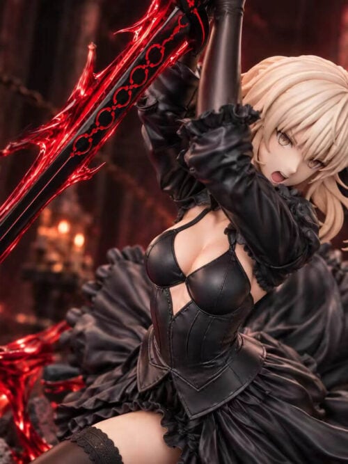 Close-up of Saber Alter's face, raised arms and fitted black bodice beside a black sword edged with red energy effects.