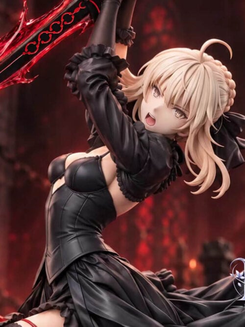 Saber Alter portrait detail showing pale blonde braided hair, a black ribbon, an open-mouthed expression and ruffled black sleeves.