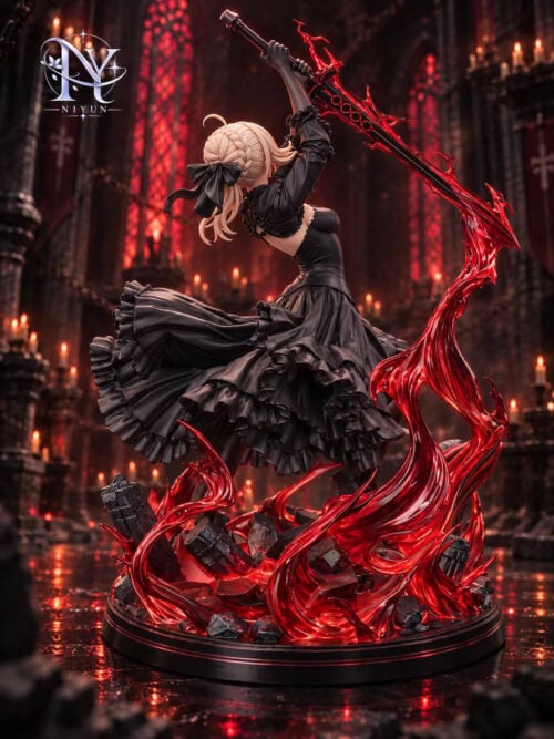Rear view of Saber Alter showing braided blonde hair, a black bow, layered ruffle skirt and red effects curling from the rubble base toward her sword.
