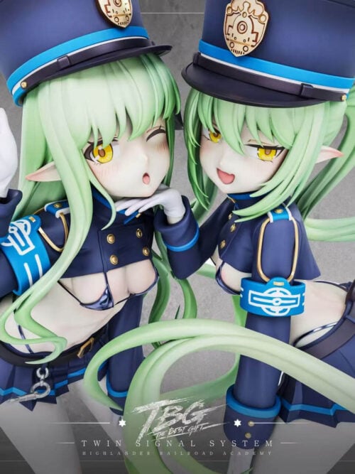 Close-up of Hikari and Nozomi showing their facial expressions, green hair, blue hats with gold emblems and white gloves.