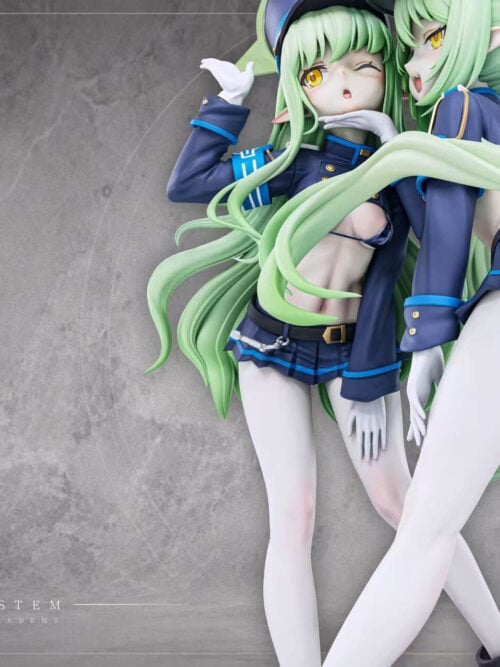 Angled detail view of Hikari and Nozomi with flowing green hair, blue sleeves and white gloves; the display base is outside the frame.