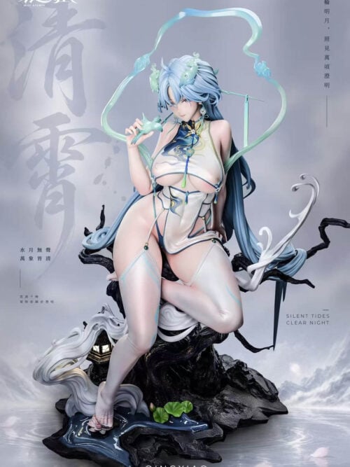 Elevated angled view of Qingxiao holding a green cup on a tree above a lotus pool, framed by long blue hair and pale green ornaments.