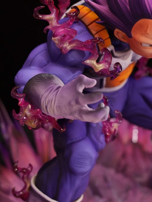 Close-up of Ultra Ego Vegeta's grinning face, open glove, textured purple suit and translucent pink aura effects.