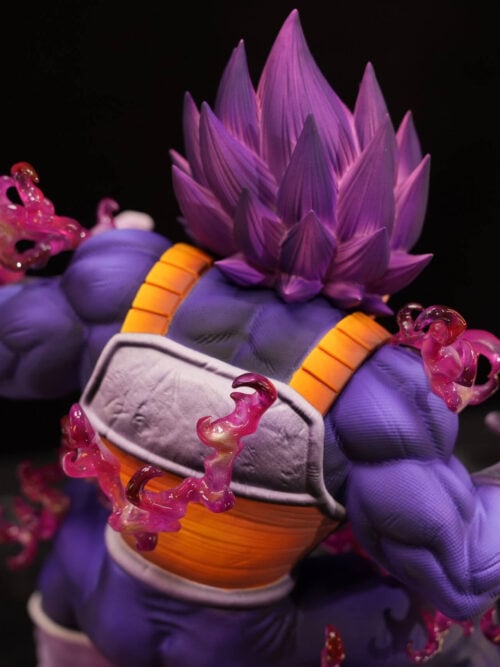 Rear close-up of Ultra Ego Vegeta's layered purple hair, scuffed back armor and curling translucent pink aura parts.