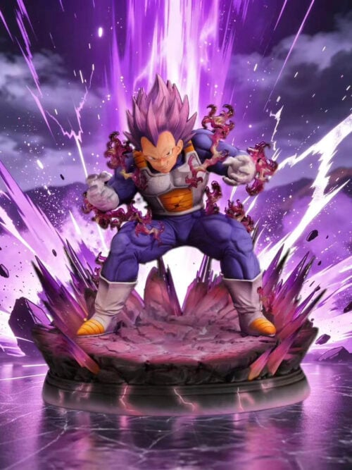 Ultra Ego Vegeta statue with purple hair and open hands on a rocky effect base, set against an illustrated energy backdrop.
