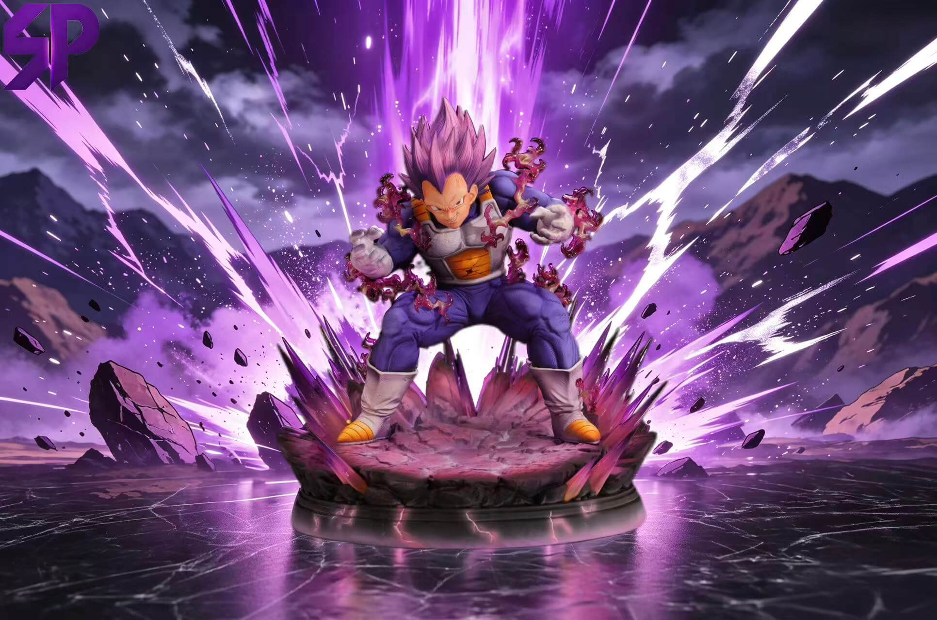 SuperPunch Studio Ultra Ego Vegeta — Dramatic Background View Ultra Ego Vegeta statue with purple hair and open hands on a rocky effect base, set against an illustrated energy backdrop.