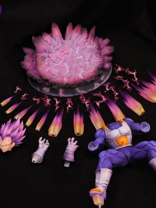 Ultra Ego Vegeta components laid out separately: one head, body, two gloved forearms, rocky base and pink-purple effect parts.