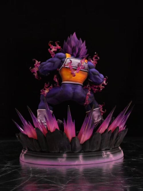 Rear view of Ultra Ego Vegeta showing the back armor, purple hair, aura parts and energy spikes around the complete base.