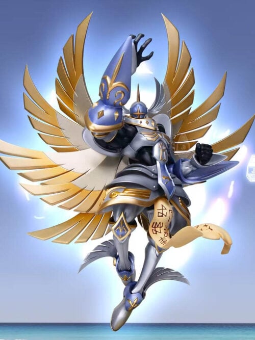 Seraphimon with one hand raised and gold-and-silver wings spread against a blue backdrop; the display base is not shown.