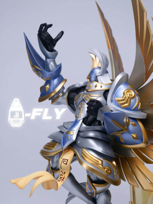 Three-quarter close-up of Seraphimon's raised hand, blue-and-silver armor, gold trim and curling inscribed sash, with wings behind.