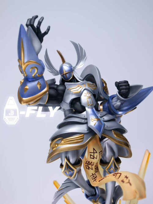 Front close-up of Seraphimon's winged helmet, raised open hand, clenched fist, layered silver armor and inscribed sash.