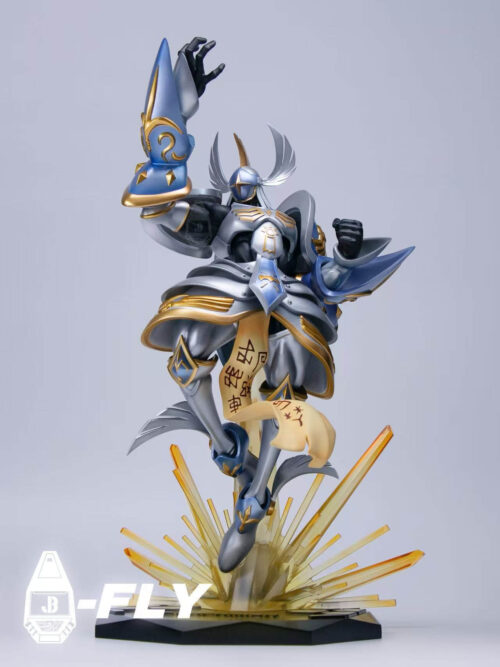Seraphimon shown without the large back wings, with one hand raised above translucent amber effects and a dark display base.