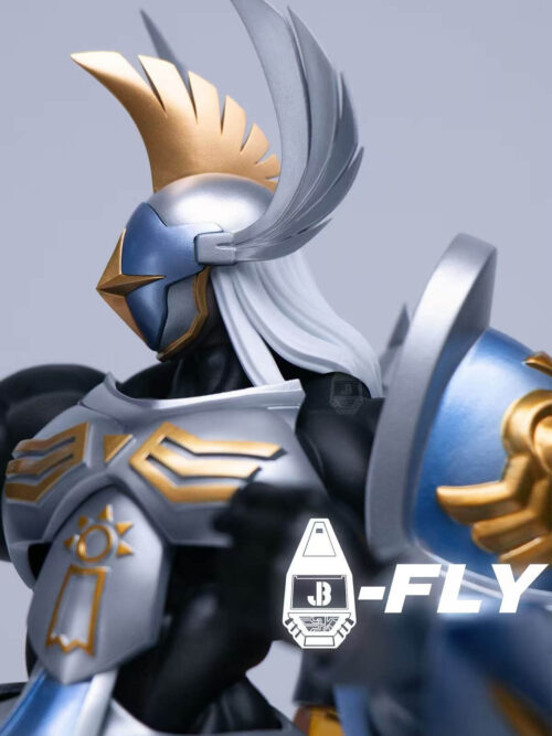 Close-up of Seraphimon's blue-and-silver helmet with a gold cross-shaped face detail, silver side crests and white hair.