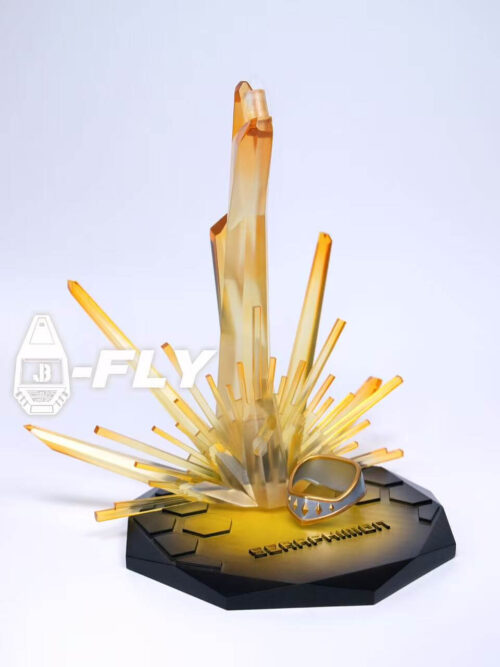 Seraphimon's dark faceted base with amber effect rays, a tall translucent support and a separate silver-and-gold collar piece.