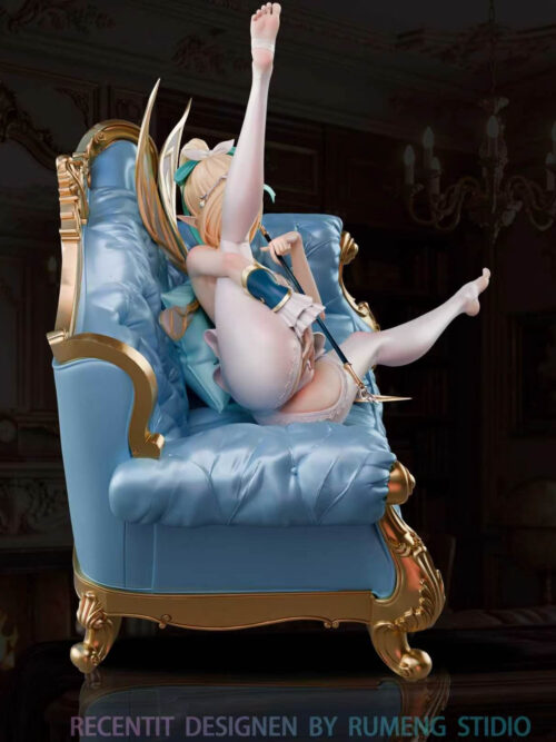 Opposite-side view of Vesna reclining on the blue and gold-colored sofa, showing the raised leg, staff and ornate sofa feet.