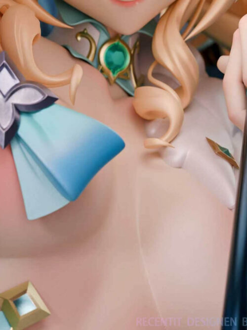 Detail of Vesna's teal bow, silver-colored floral ornament, green collar jewel and hand resting on the staff.