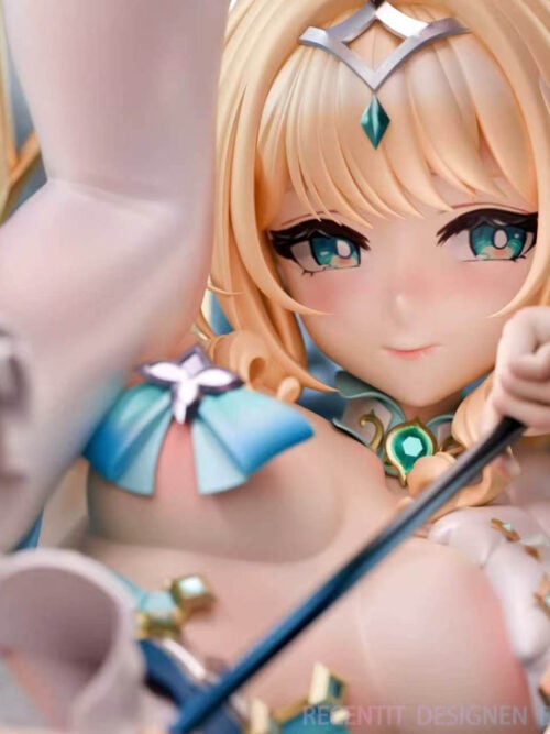 Close-up of Vesna's teal eyes, slight smile, jeweled headpiece and hand holding a slender dark staff.