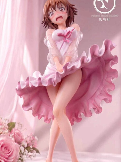 Low-angle view of Chisa Kotegawa Version A with an open-mouthed expression, translucent sleeves and a flared pink ruffled skirt.