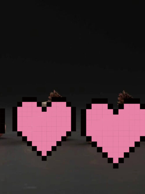 Toyokuni alternate face part beside accessories obscured by three pink pixelated heart overlays.