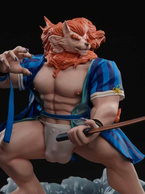 Close-up of Toyokuni's face, swept-back orange mane, blue-striped haori, raised hand and sword grip.