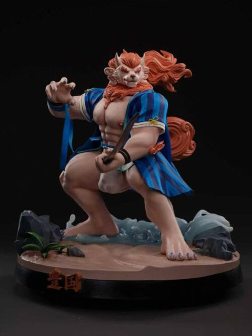 Front three-quarter view of Toyokuni holding a sword, with a curled orange tail and bare feet on a sand-and-wave base.