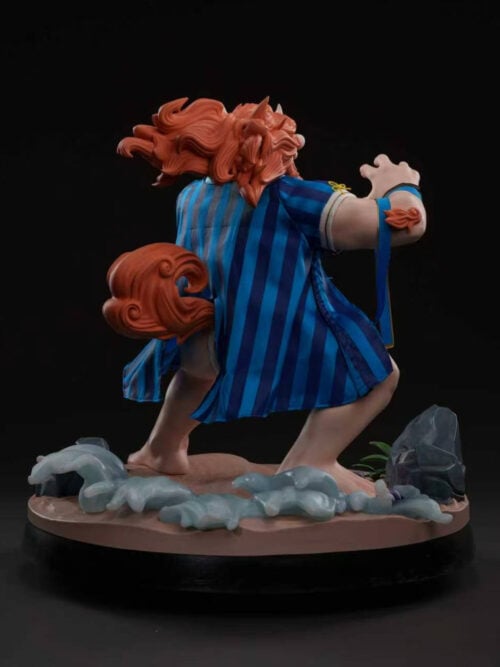 Rear view of Toyokuni wearing a blue-striped haori, with an orange tail curving outward above the wave-lined base.