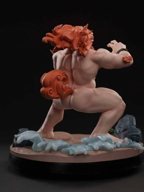 Rear view of Toyokuni without clothing, with an orange mane and curled tail above rocks and sculpted waves.