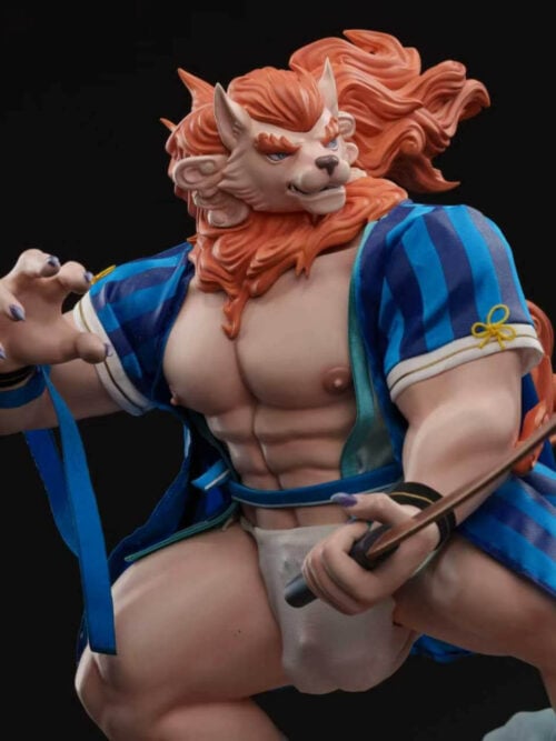 Three-quarter close-up of Toyokuni with an orange mane, blue-striped haori, white loincloth and sword angled upward.