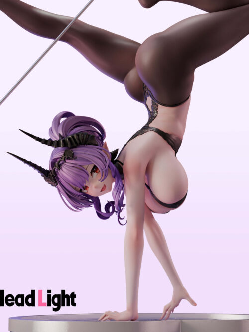 Arromanches in a handstand, showing her purple hair, horned headpiece, lace-patterned outfit and hands on the display base.