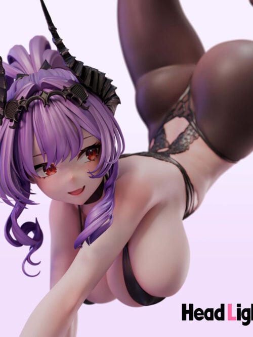 Close-up of Arromanches with red eyes, curled purple hair and a black horned headpiece, with stocking-clad legs behind her.