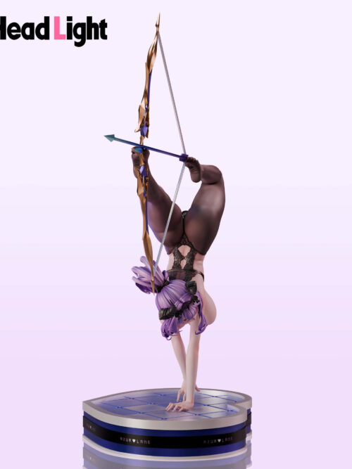 Narrow-angle view of Arromanches in a handstand on a heart-shaped base, with the bow above her and stocking-clad legs foreshortened.