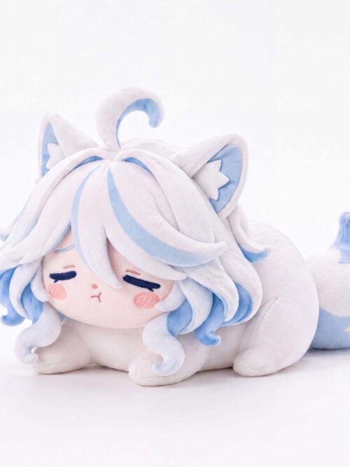 Sleepy Furina plush with closed eyes, pink cheeks, white-and-blue hair, pointed cat ears and a large blue-and-white tail.