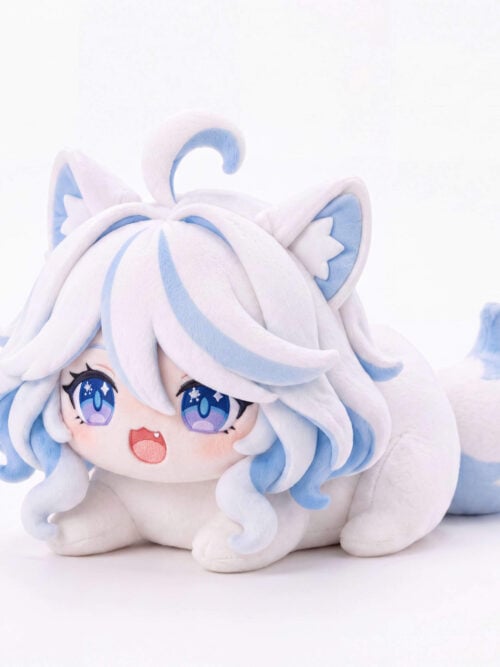 Starry Furina plush with star-highlighted blue eyes, an open smile, pointed cat ears, short paws and a blue-and-white tail.