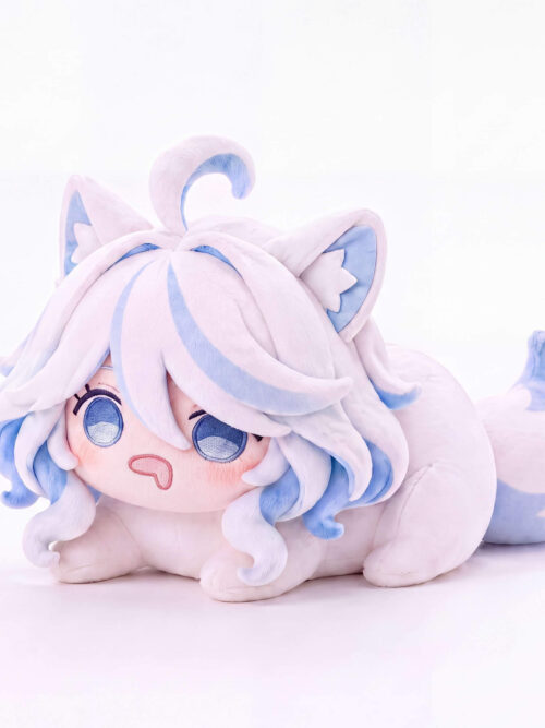 Dazed Furina plush with simplified blue eyes, a tongue-out expression, layered white-and-blue hair, cat ears and a large tail.